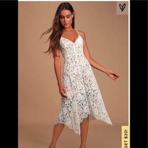 Lulus white lace midi dress.